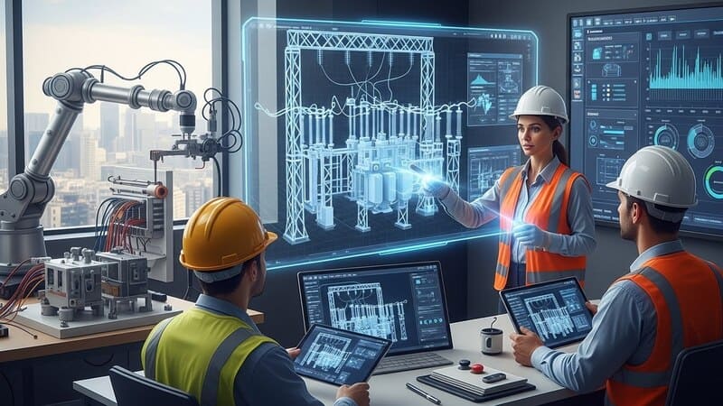 Projetos de Subestação: O Guia Técnico para Engenharia e Infraestrutura 2 Engenheiros trabalhando com tecnologia avançada.